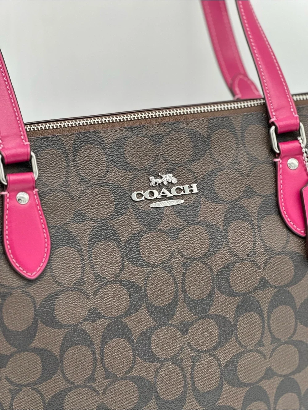 Coach Brown Signature Tote with Pink Handles